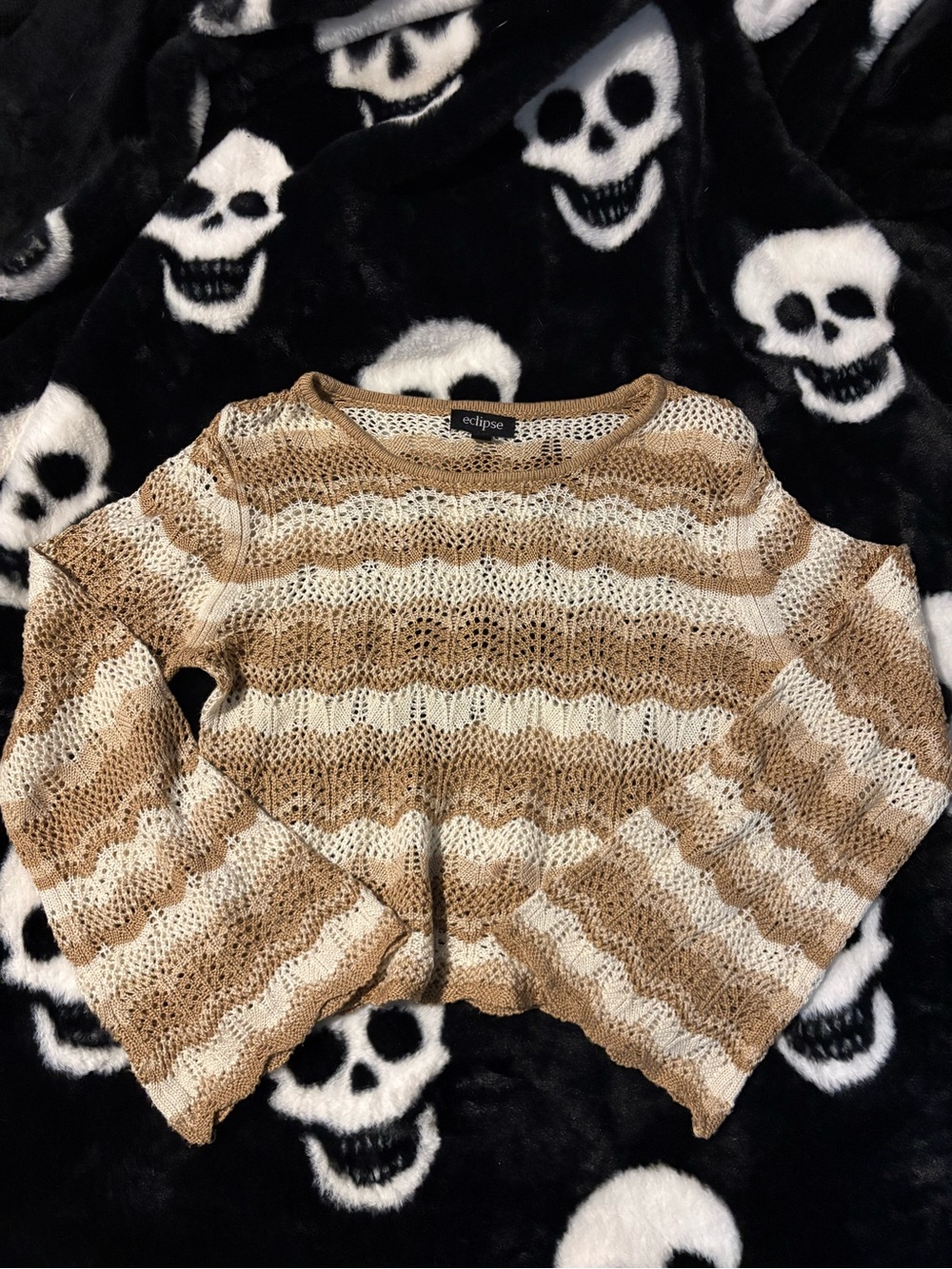Eclipse Striped Open-Knit Crew Sweater in Tan and Cream